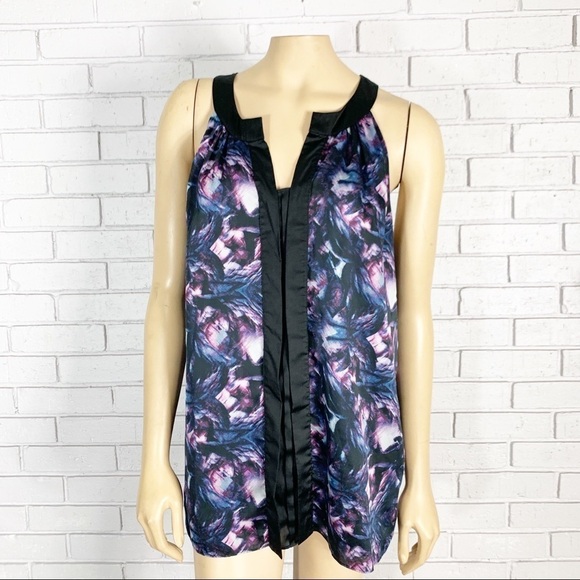 Kenneth Cole Purple Floral Blouse With Black Trim - Picture 1 of 8